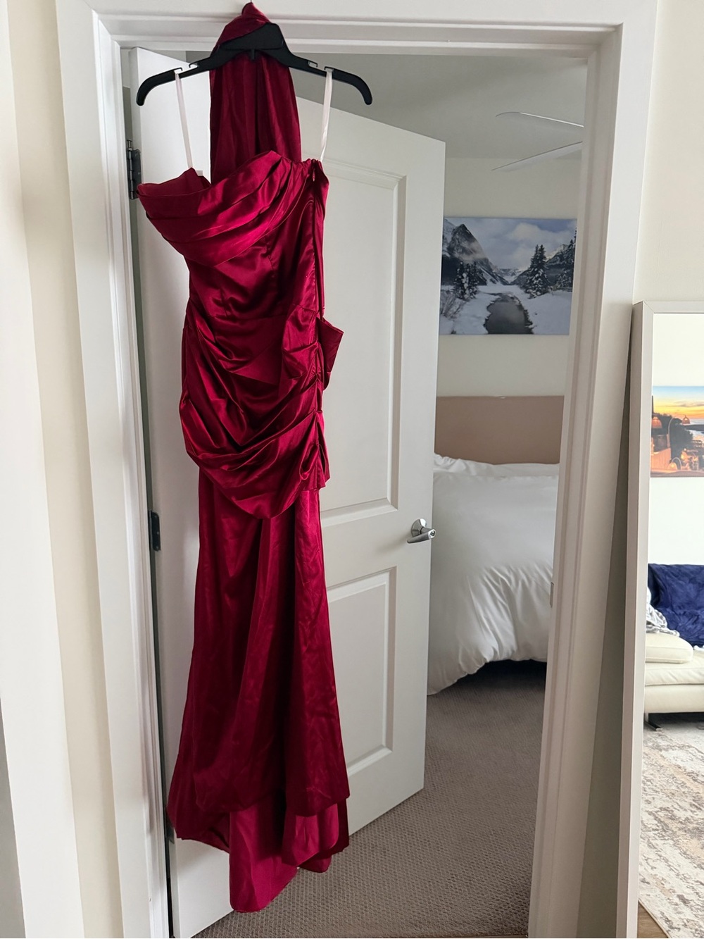 Strapless Corset Red Satin Dress with Scarf